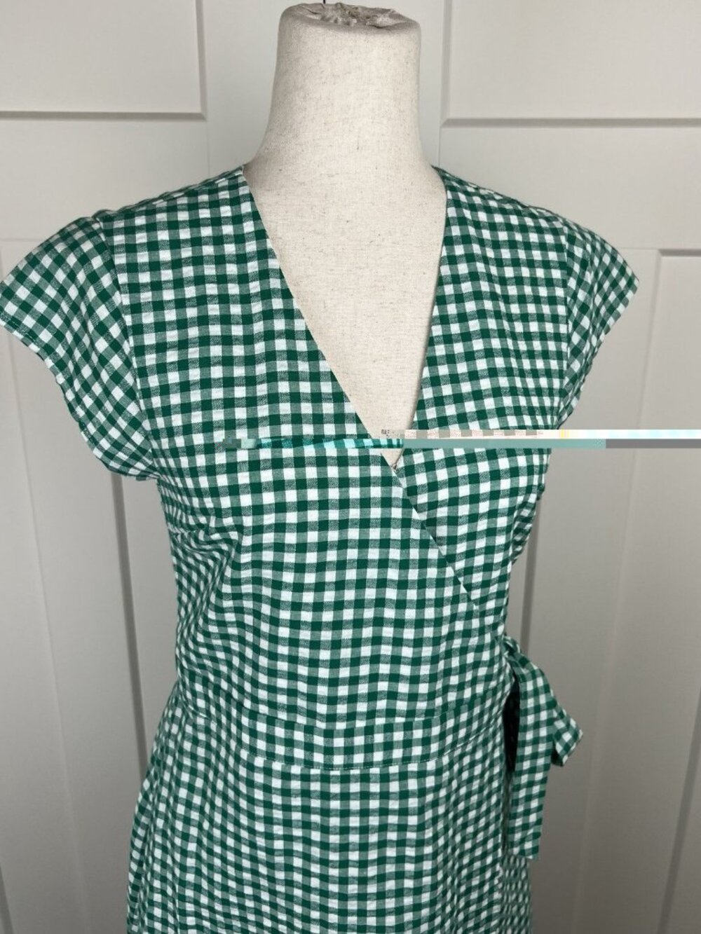 Banana Republic Gingham Wrap Dress Size 4 Green White Cotton Linen Fit Flare - Picture 9 of 11